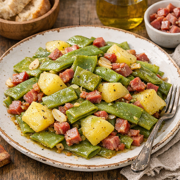 Judias verdes planas con patatas y jamon