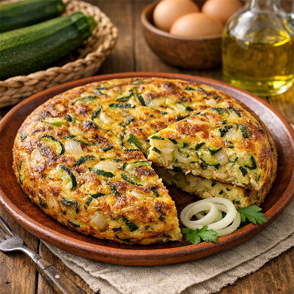 Tortilla jugosa de calabacín y cebolla